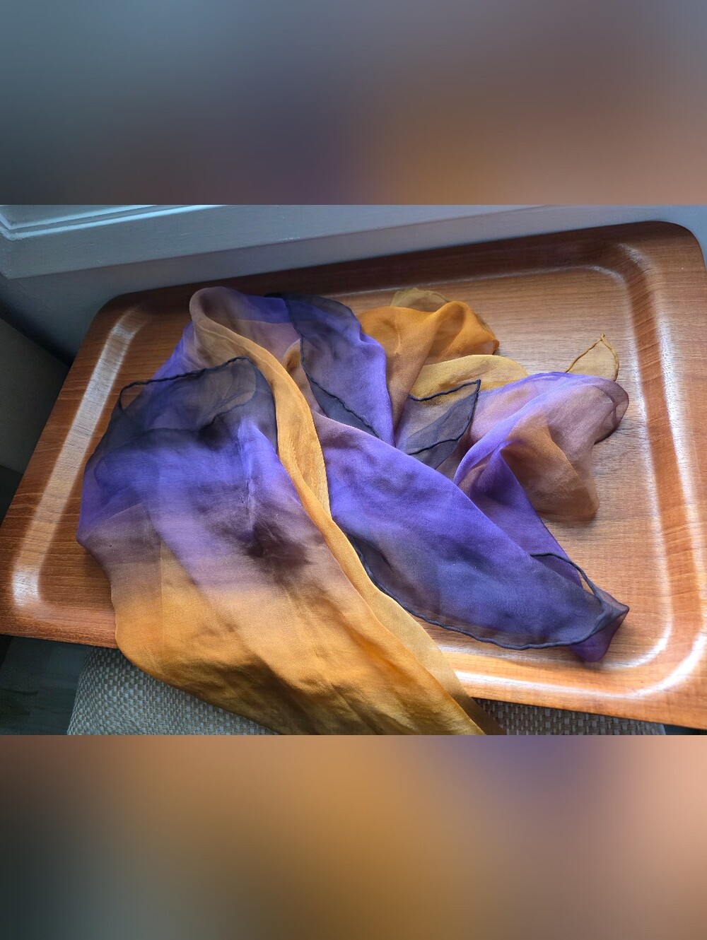 Georgeous Fall Feels, Silk Chiffon Scarf soft sheen in shades of orange purple.